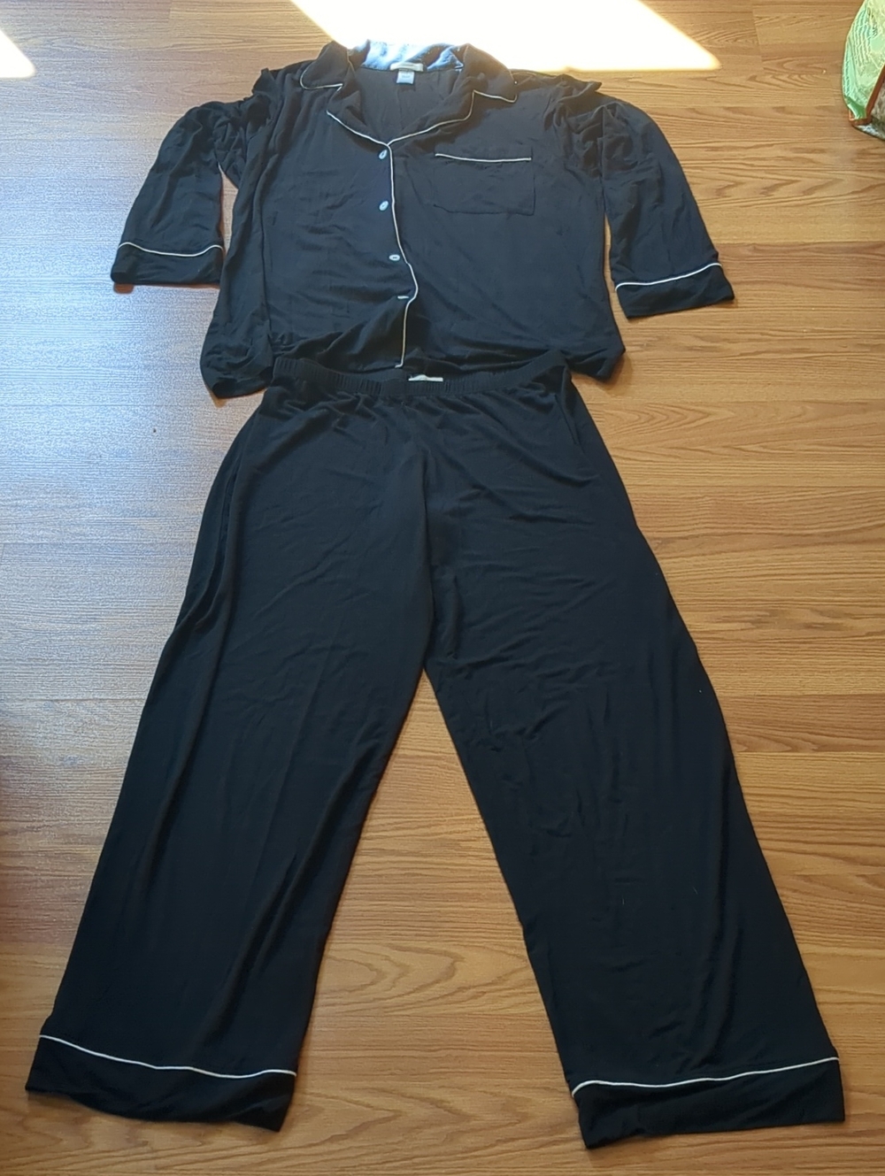 Eberjey Gisele Tencel modal black white trim button up long pajama set,-158.00 - Picture 6 of 9